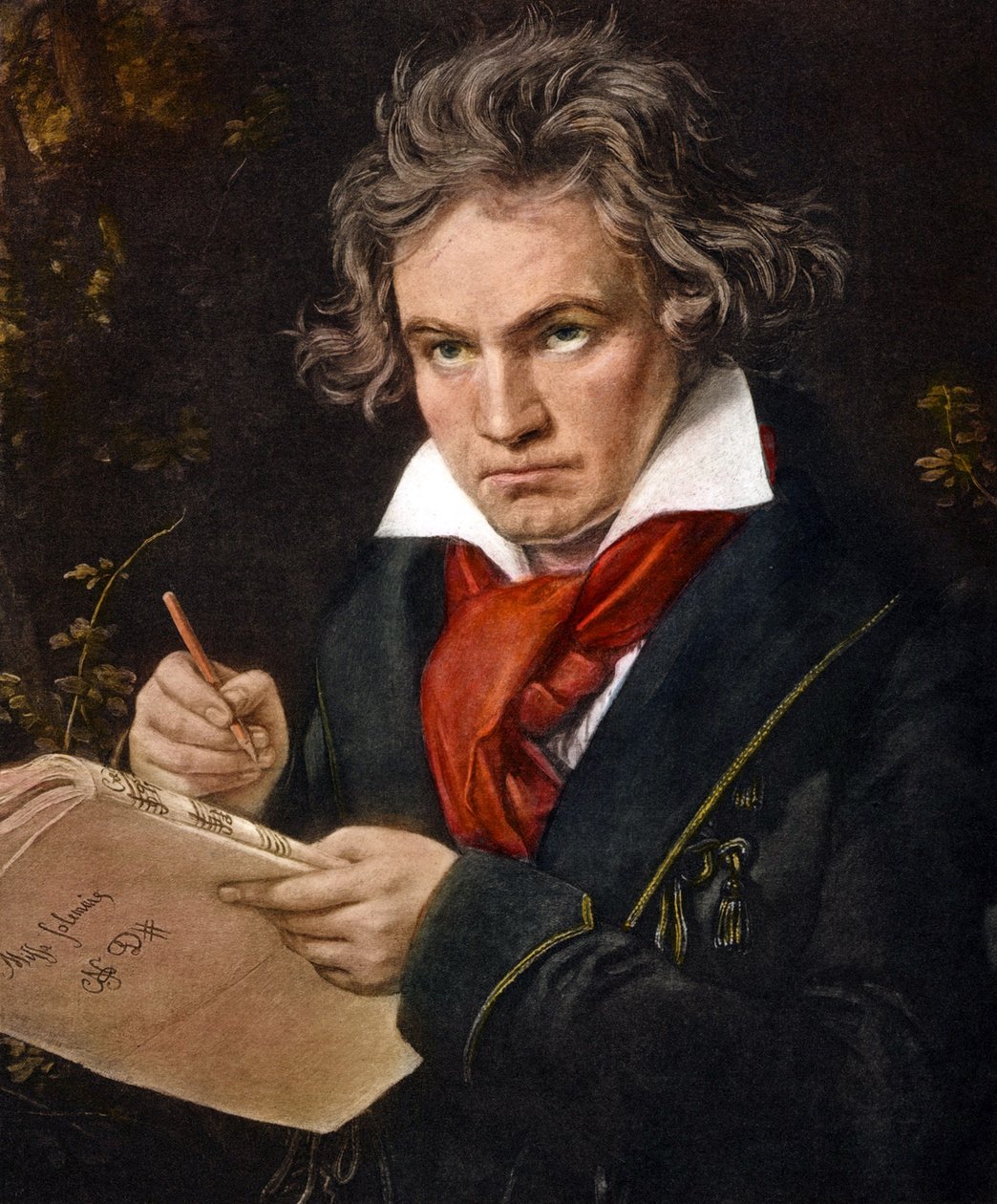 Ludwig van Beethoven med Missa Solemnis i handen färglito av Joseph Carl Stieler
