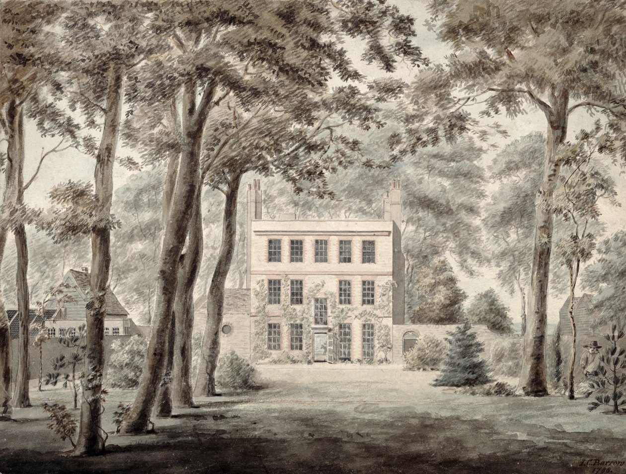 En trädgårdsmästare arbetar i ett elegant lanthus, 1788 (penna, bläck och wc) av Joseph Charles Barrow