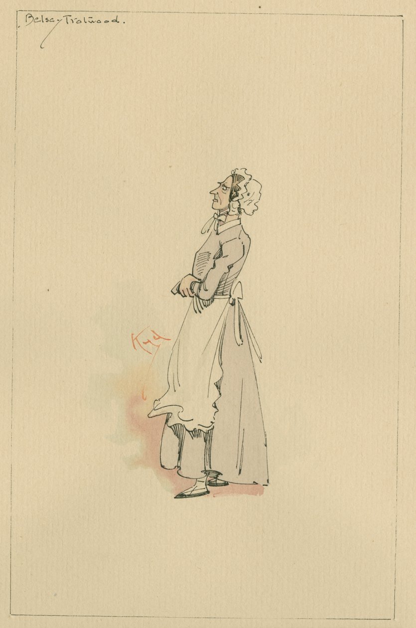 Betsey Trotwood, ca 1920-talet (penna och bläck med wc på papper) av Joseph Clayton Clarke