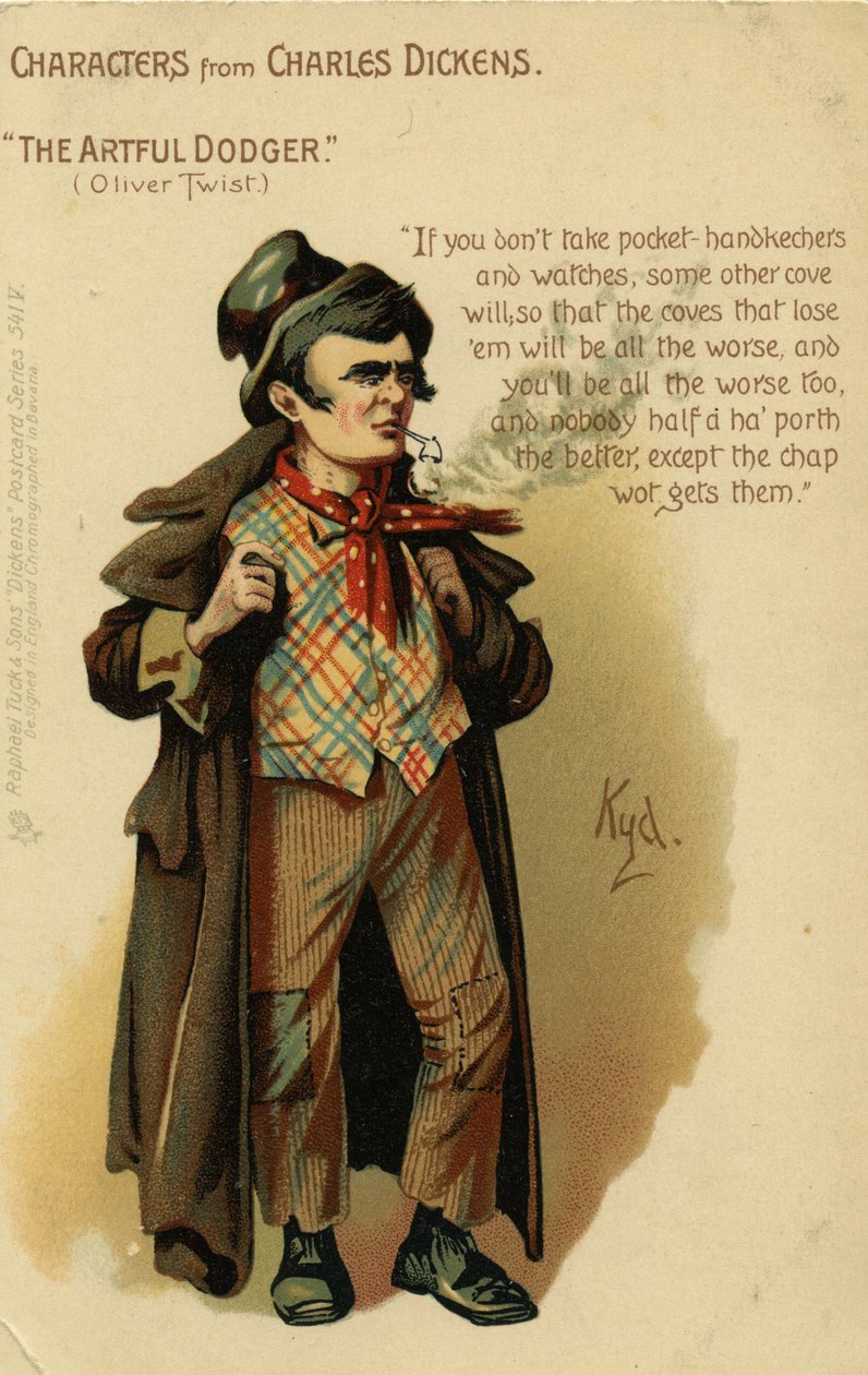 Karaktärer från Charles Dickens - The Artful Dodger från Oliver Twist, vykort, ca 1903 av Joseph Clayton Clarke