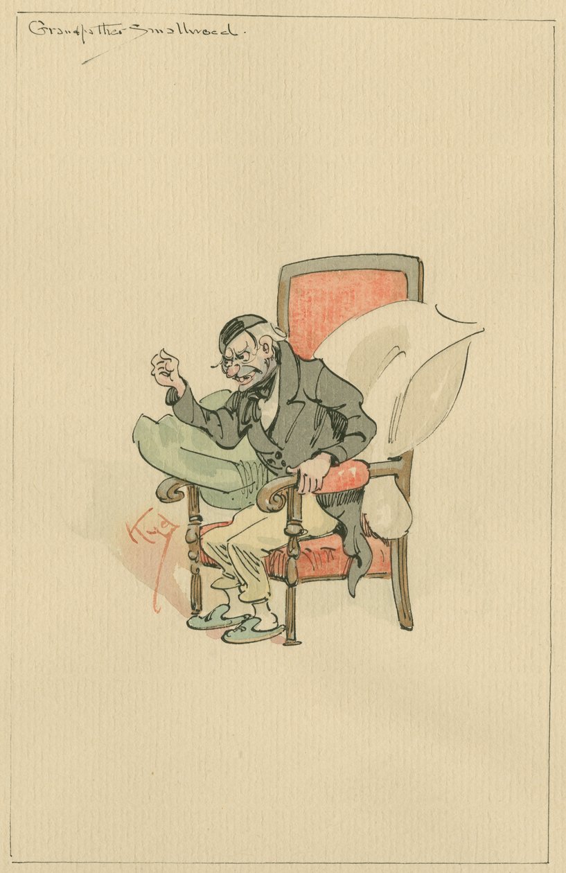 Farfar Smallweed, ca 1920-talet (penna och bläck med wc på papper) av Joseph Clayton Clarke