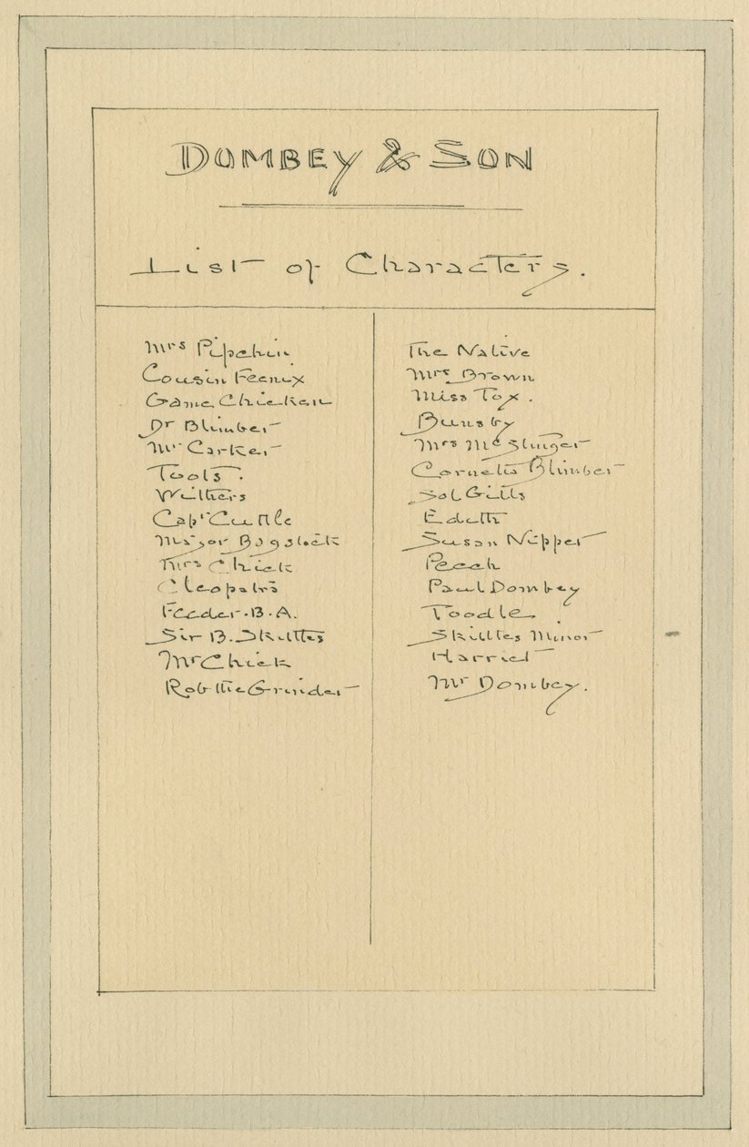 Lista över karaktärer, ca 1920-talet (penna och bläck med wc på papper) av Joseph Clayton Clarke