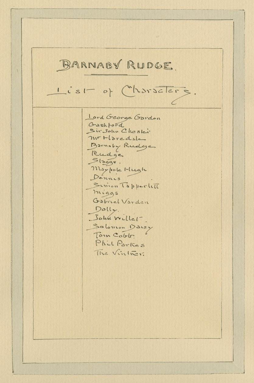 Lista över karaktärer för Barnaby Rudge, ca 1920-talet (penna och bläck med wc på papper) av Joseph Clayton Clarke