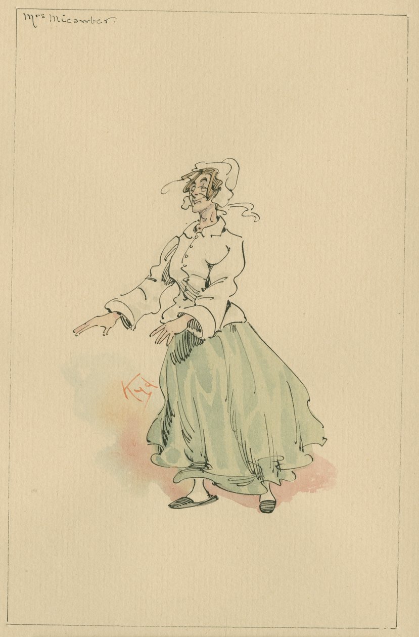 Mrs Micawber, ca 1920-talet (penna och bläck med wc på papper) av Joseph Clayton Clarke