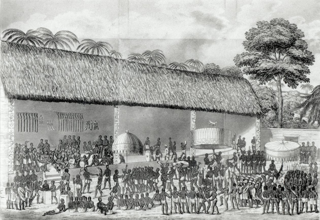 Den religiösa Adai-festivalen vid hovet hos kungen av Ashanti i mars 1820, från "Journal of a Residence in Ashantee" av Dupuis, publicerad 1824. av Joseph Dupuis