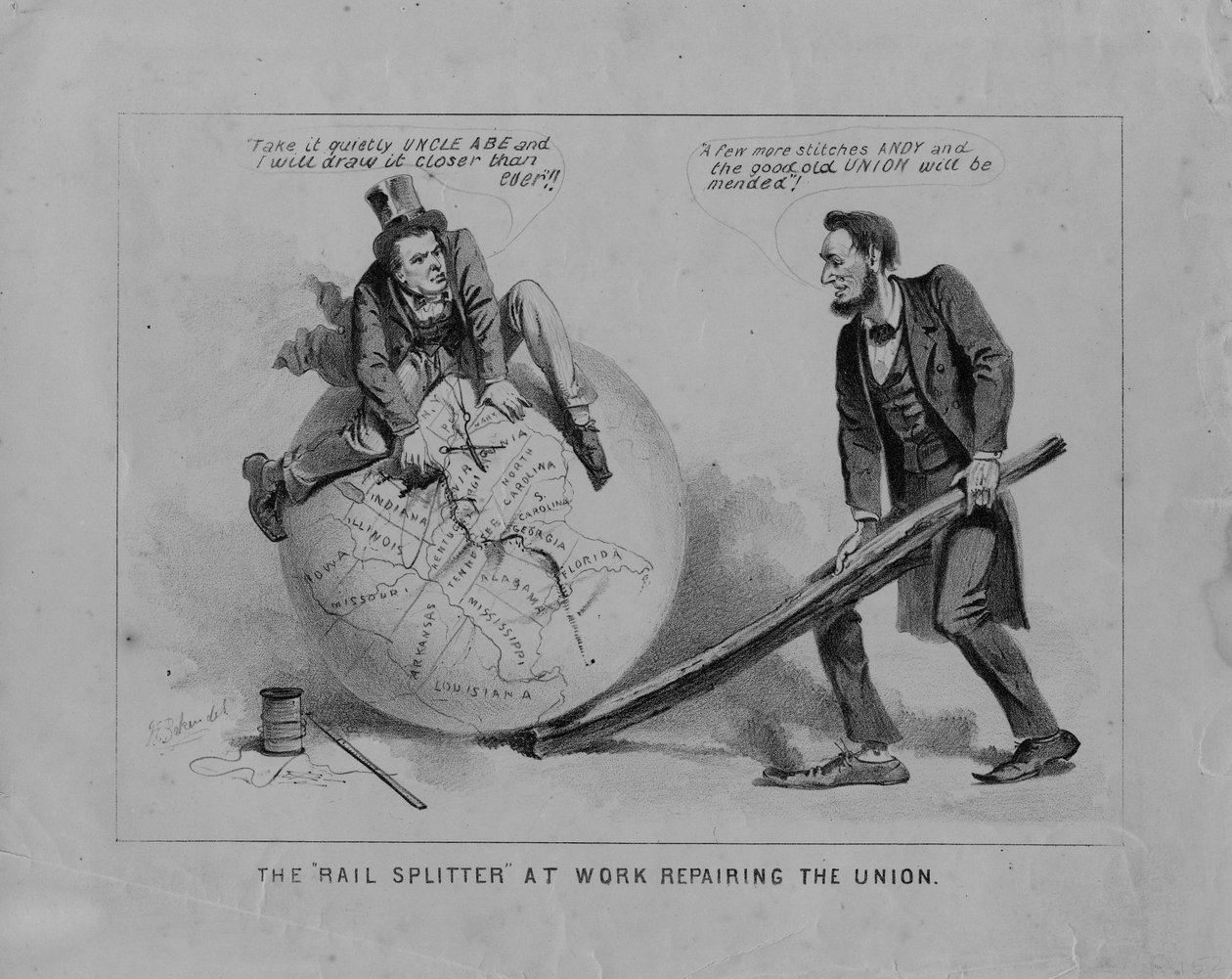 Rail Splitter på jobbet reparerar unionen, c.1865 litho av Joseph Baker