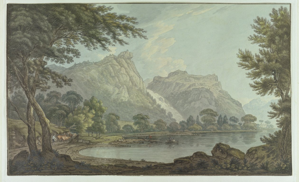 Lodore Rocks - fall und stuga distans (penna och bläck med wc över grafit på vävt papper) av Joseph Farington