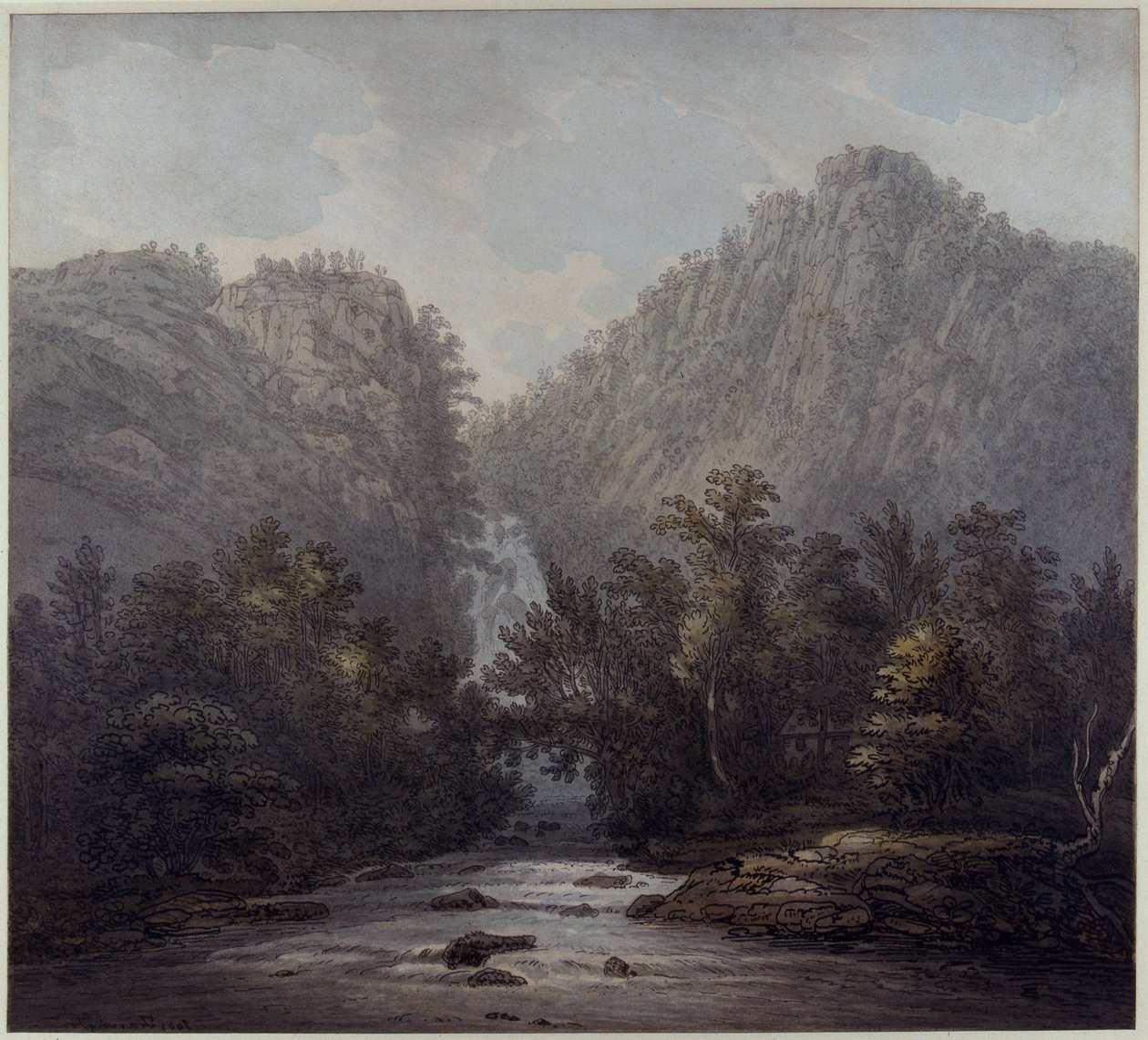 Lodore Waterfall, Westmoreland, 1785 (penna, bläck och wc på papper) av Joseph Farington
