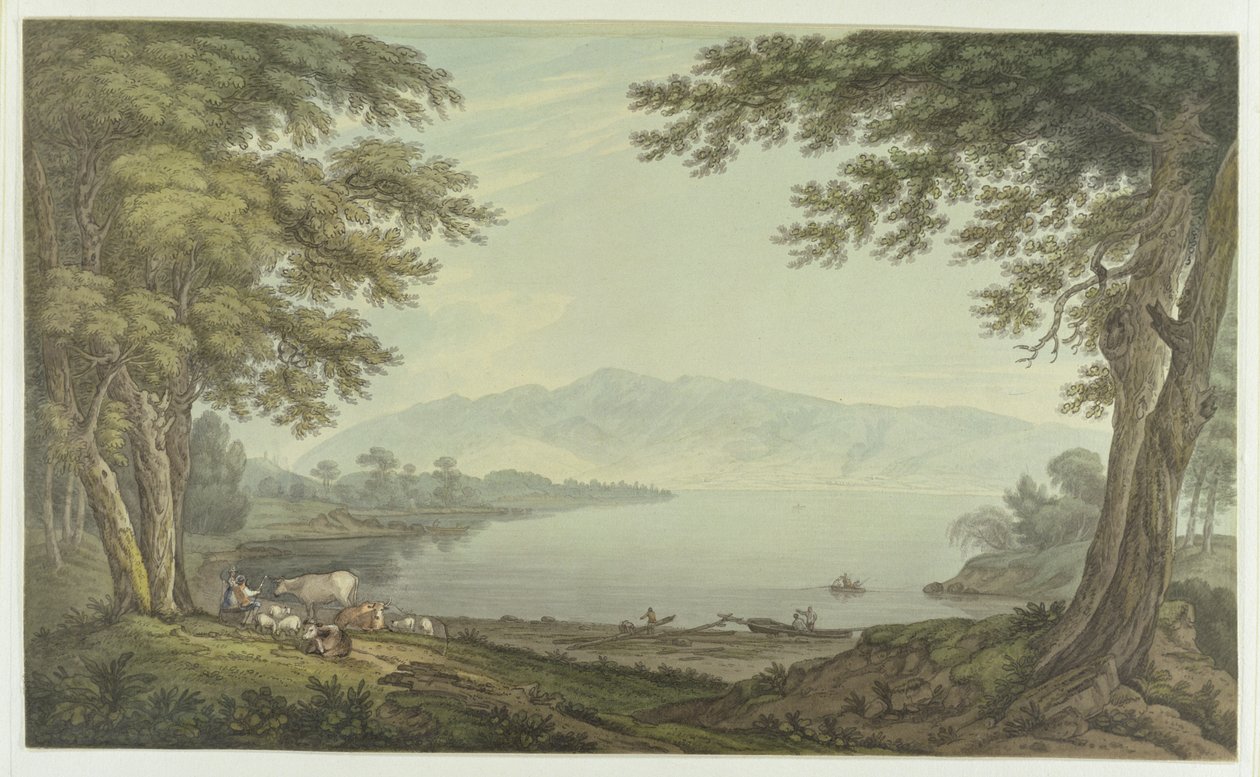 Skiddaw och Derwent Water (penna och bläck med wc över grafit på vävt papper) av Joseph Farington