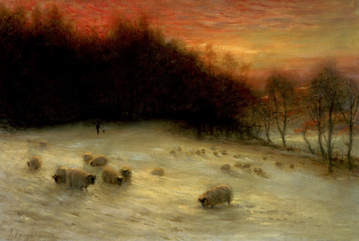 Får i ett vinterlandskap, kväll av Joseph Farquharson