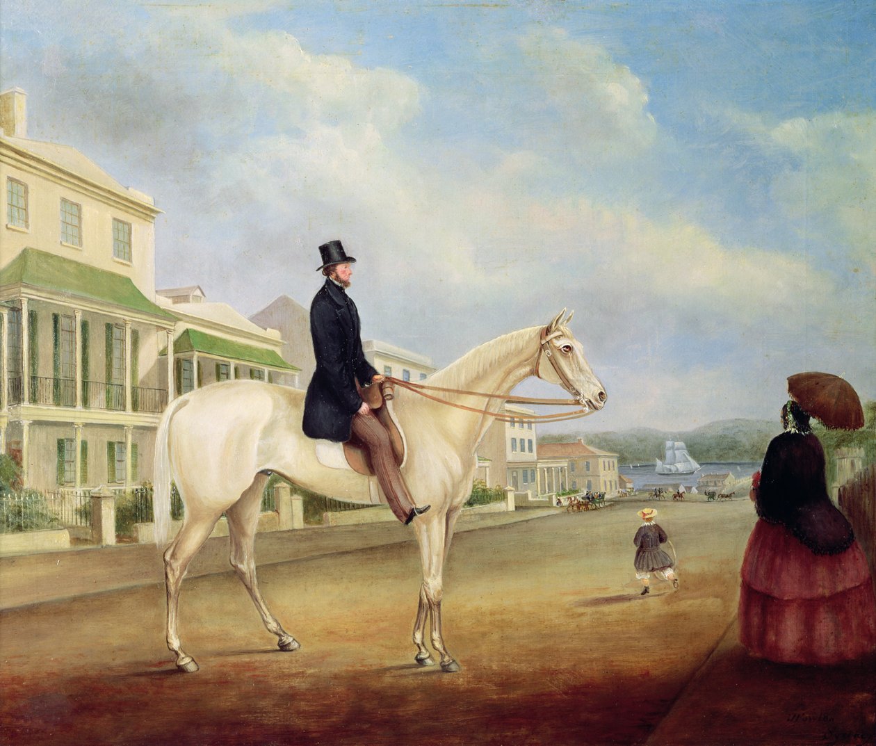 Ryttare på en vit häst, troligen i Macquarie Street North, ca 1850 av Joseph Fowles