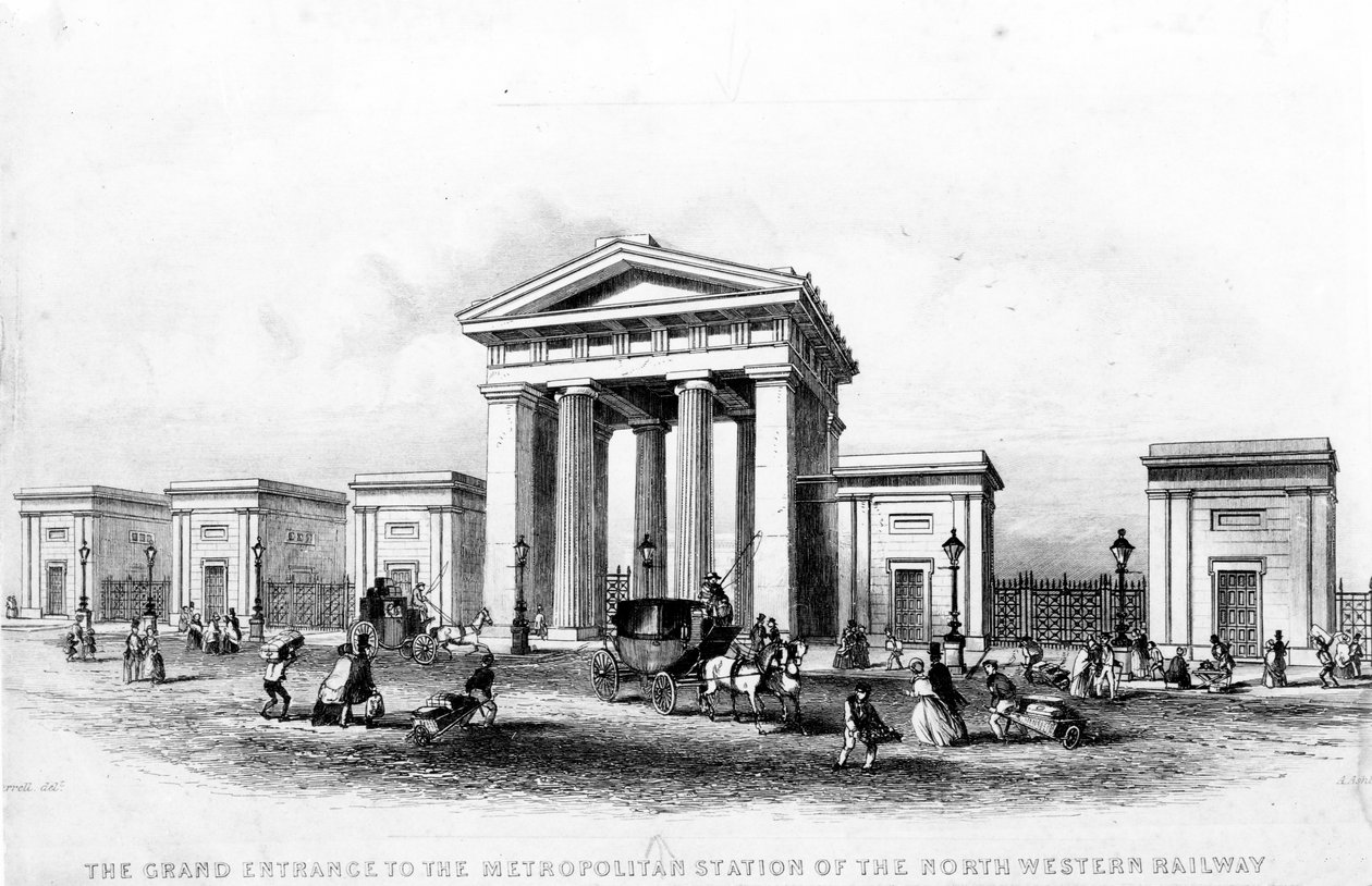 O le Ulufale Tele o le Metropolitan Station o le North Western Railway, na vaneina e Alfred Ashley, c.1837 swed av Joseph Francis Burrel