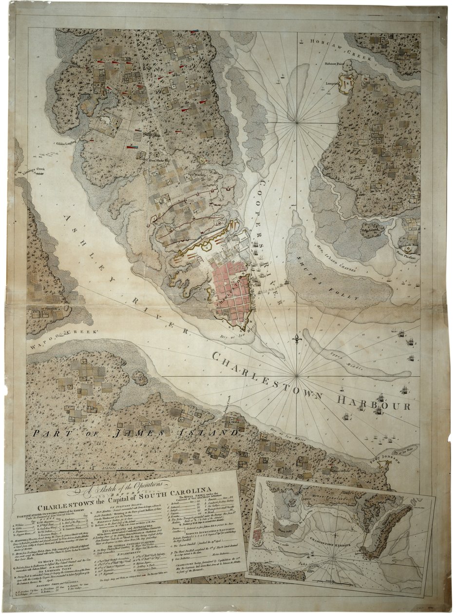 En skiss över verksamheten före Charlestown, South Carolinas huvudstad, ca 1780 av Joseph Frederick Wallet DesBarres