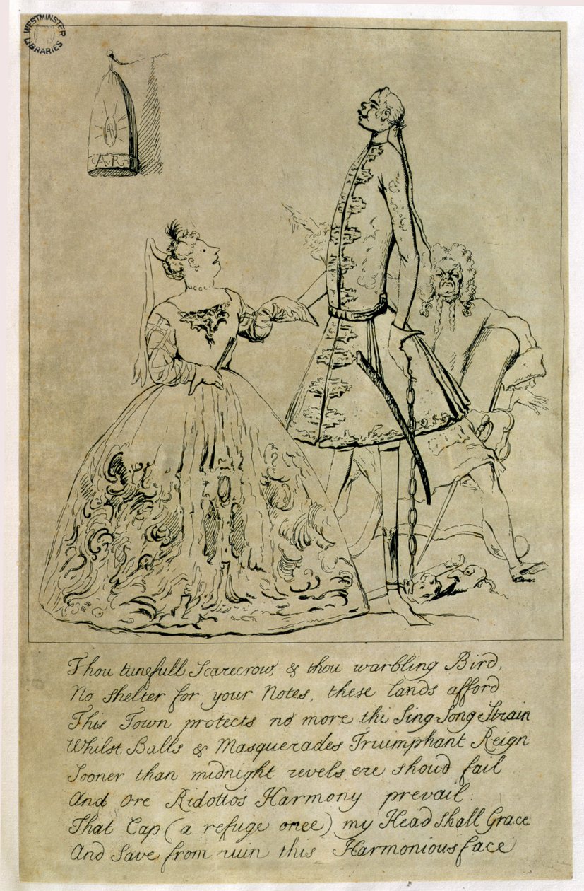 Thou Tuneful Scarecrow and Thou Warbling Bird, karikatyr av Farinelli, Cuzzoni och Heidegger, sägs ha etsat från en design av grevinnan av Burlington, 1730-talet av Joseph Goupy