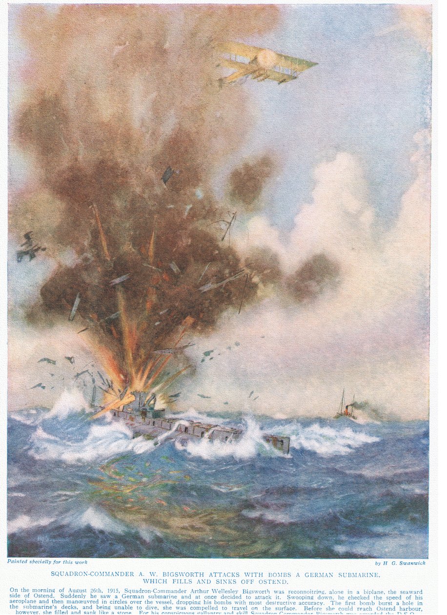 Squadron-Commander A.W. Bigsworth attackerar med bomber en tysk ubåt, som fylls med vatten och sjunker utanför Oostende, illustration från 