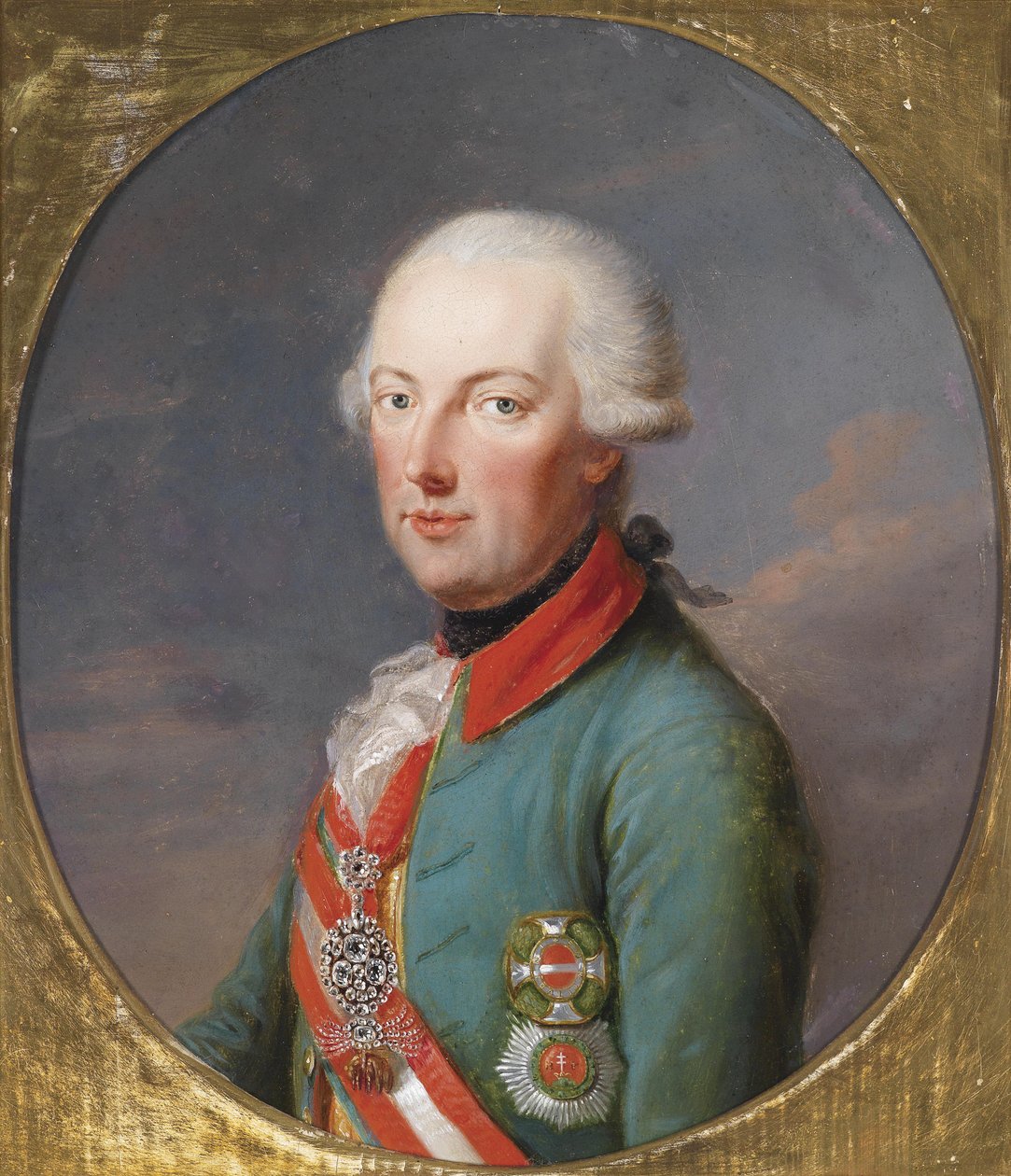 Kaiser Josef II. in der Offiziersuniform der Chevaux Legers mit dem Orden vom Goldenen Vlies in Brillanten, dem Maria-Theresienorden und dem Stephansorden av Joseph Hickel