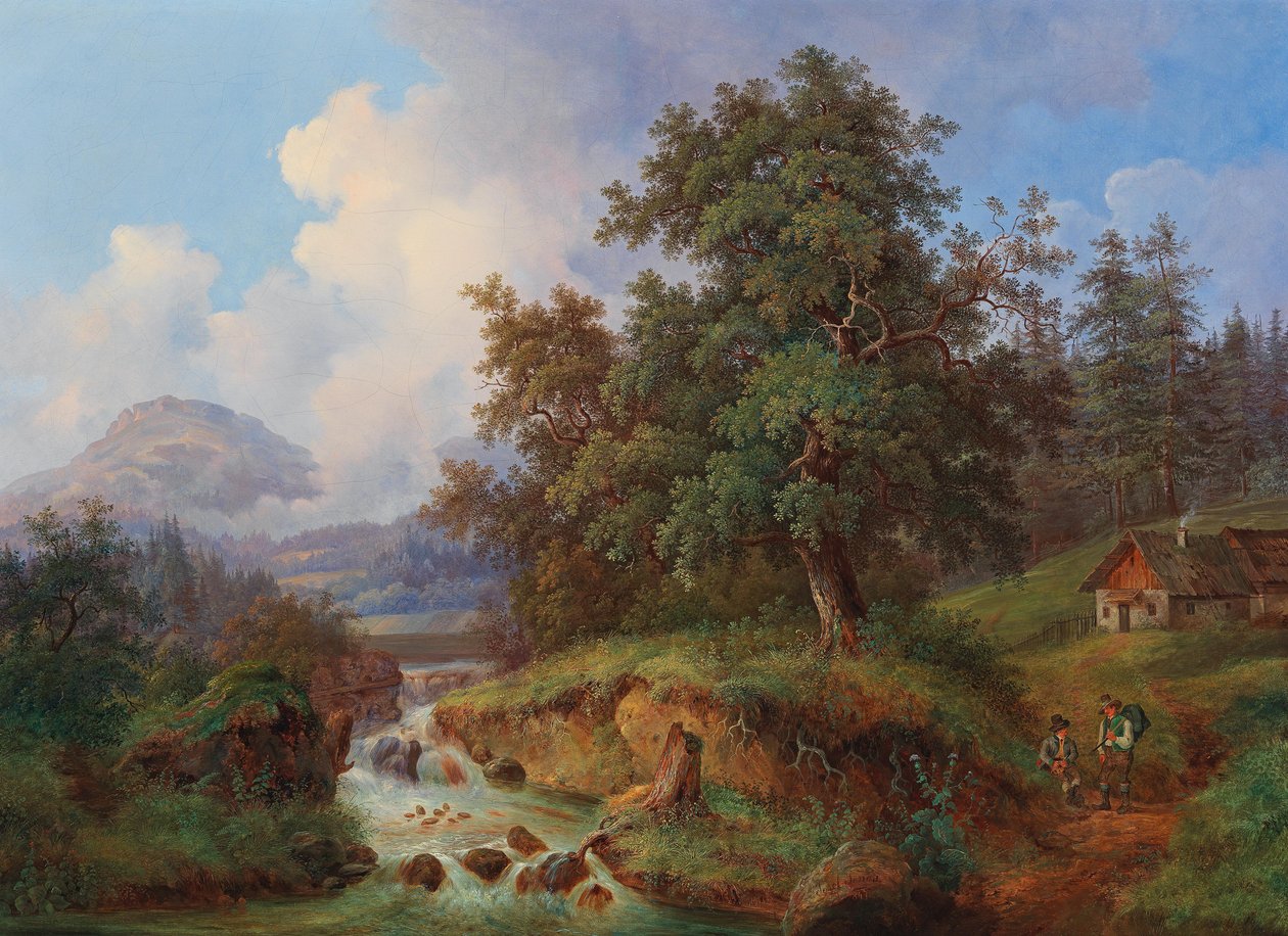 Gebirgslandschaft mit Wanderern bei der Rast av Joseph Jonas