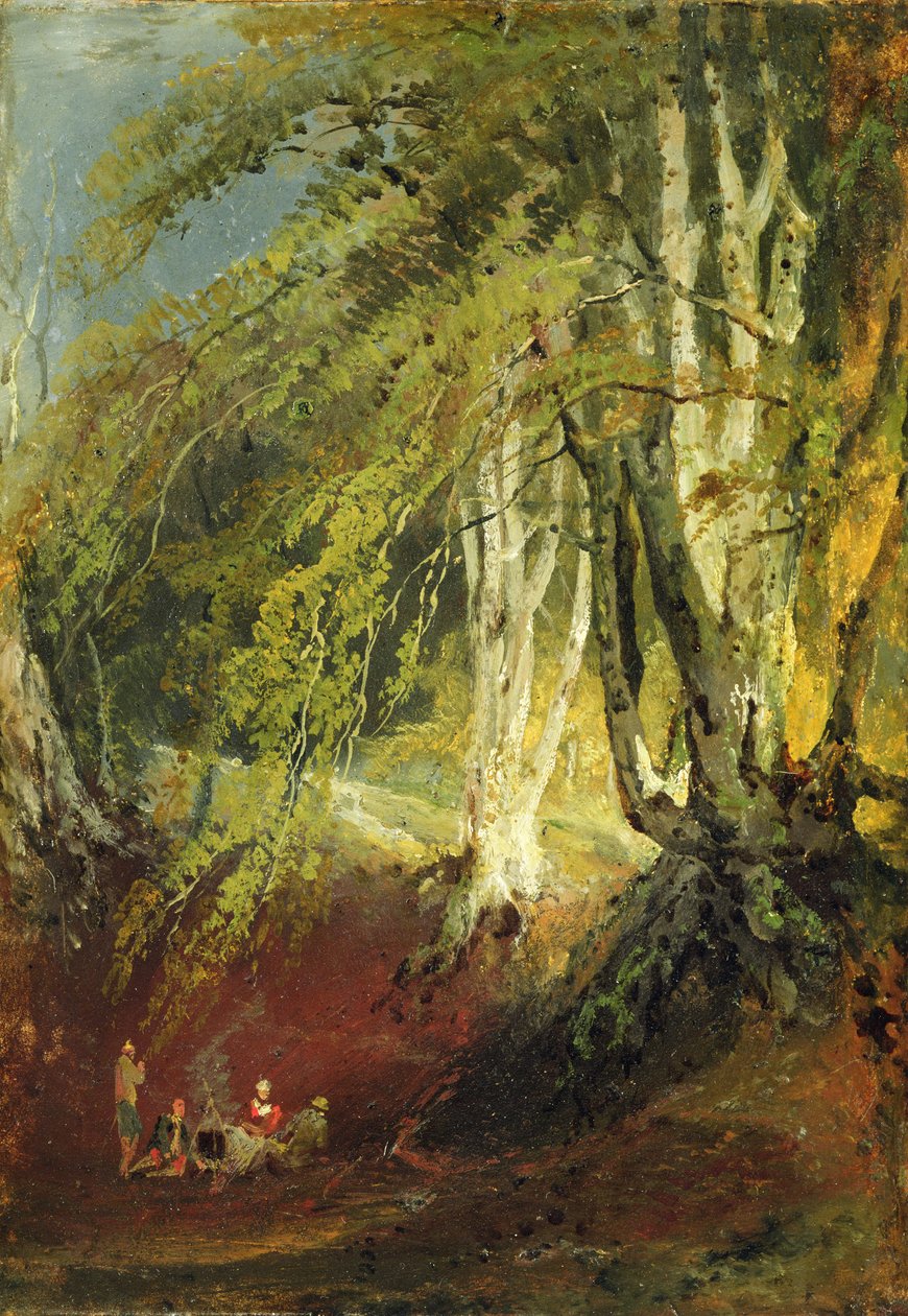 En bokskog med zigenare som sitter runt en lägereld, ca 1799-1801 (olja på papper på panel) av Joseph Mallord William Turner