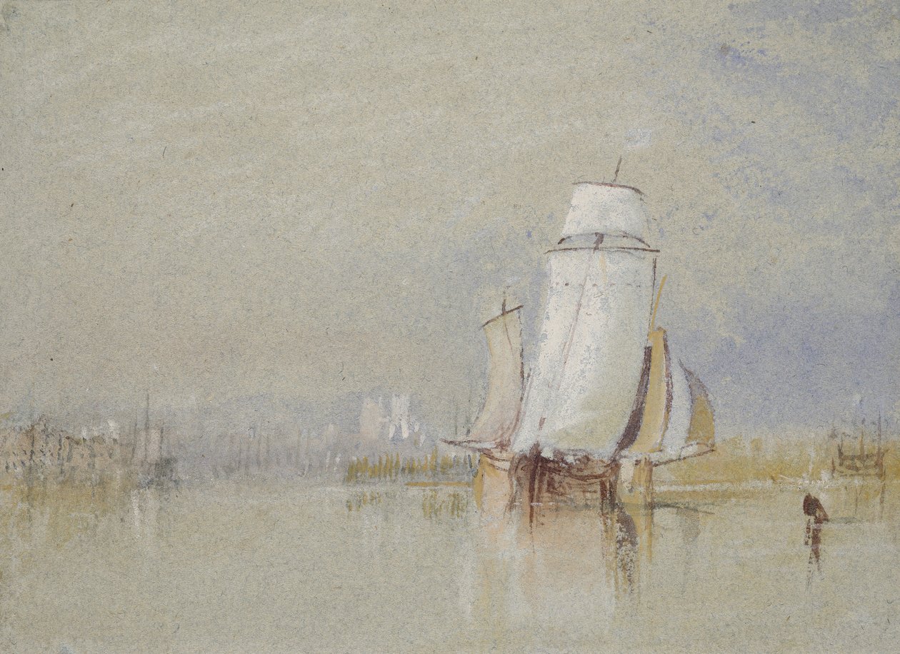 Lugn på Loire, 1832 (akvarell med kroppsfärg och penna och brunt bläck på blått papper) av Joseph Mallord William Turner