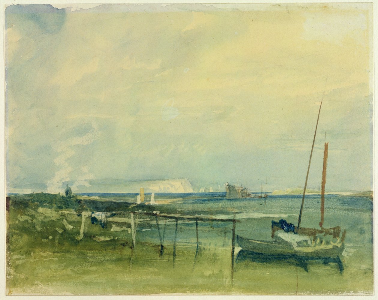 Kustscen med vita klippor och båtar på stranden (wc och grafit på papper) av Joseph Mallord William Turner