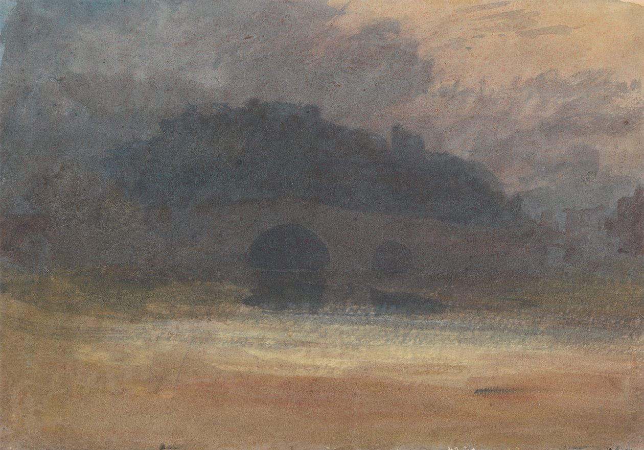 Evening Landscape with Castle and Bridge in Yorkshire av Joseph Mallord William Turner