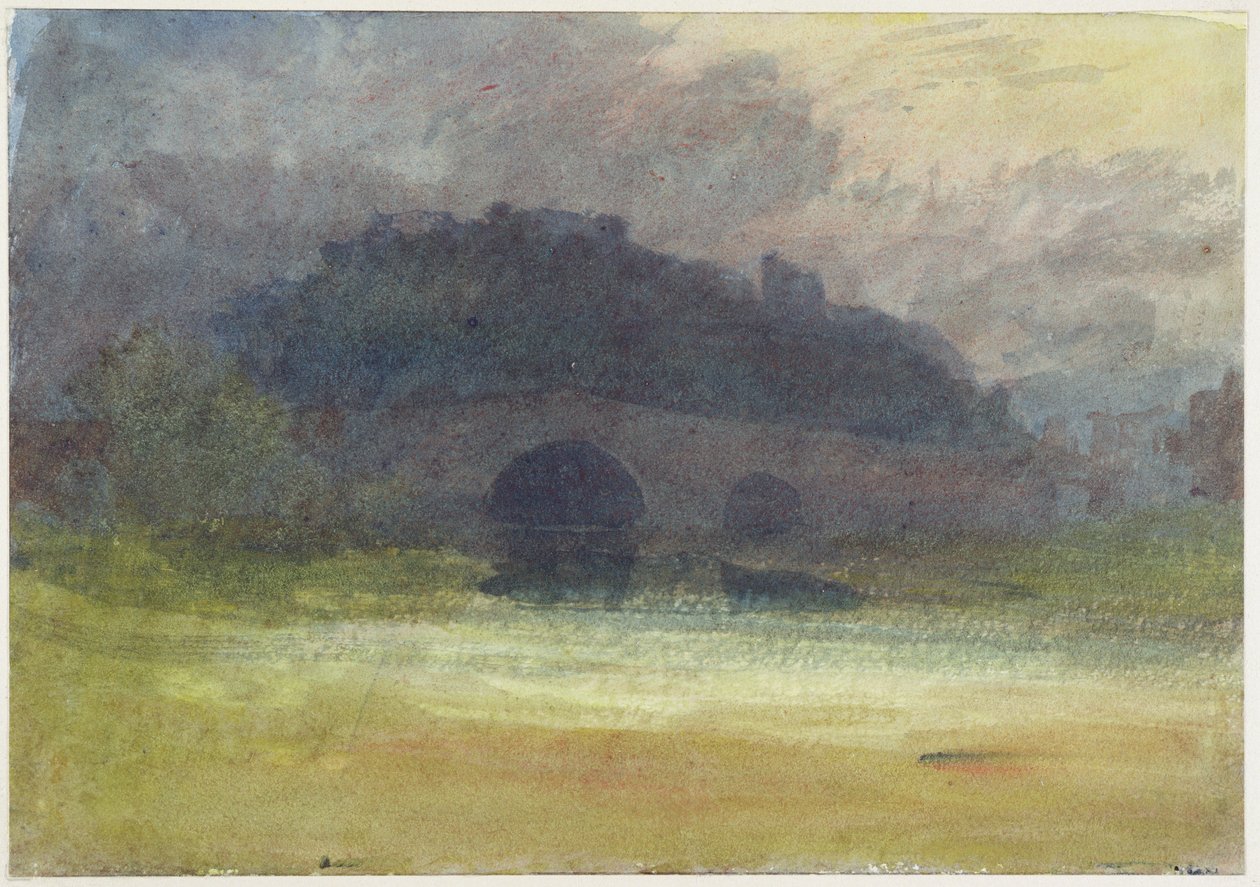 Kvällslandskap med slott och bro i Yorkshire, ca 1798-99 (wc på vävt papper) av Joseph Mallord William Turner
