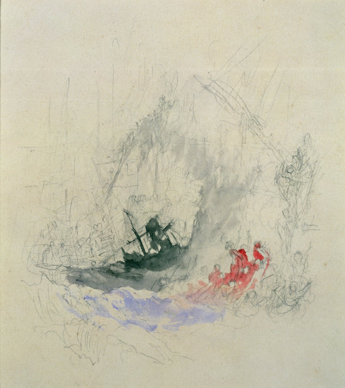 Brand till sjöss, en vignett, 1835 (blyerts och wc på papper) av Joseph Mallord William Turner
