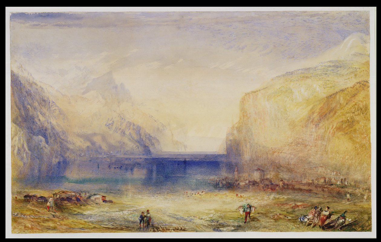 Fluelen: Morgon (med utsikt mot sjön) 1845 (wc och gouache med utskrapa på vävt papper) av Joseph Mallord William Turner