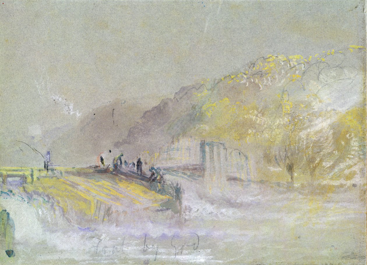 Fult av Gud: River Landscape with Anglers Fishing from a Weir, c.1830 (wc und bodycolour with pencil und chalk on paper) av Joseph Mallord William Turner