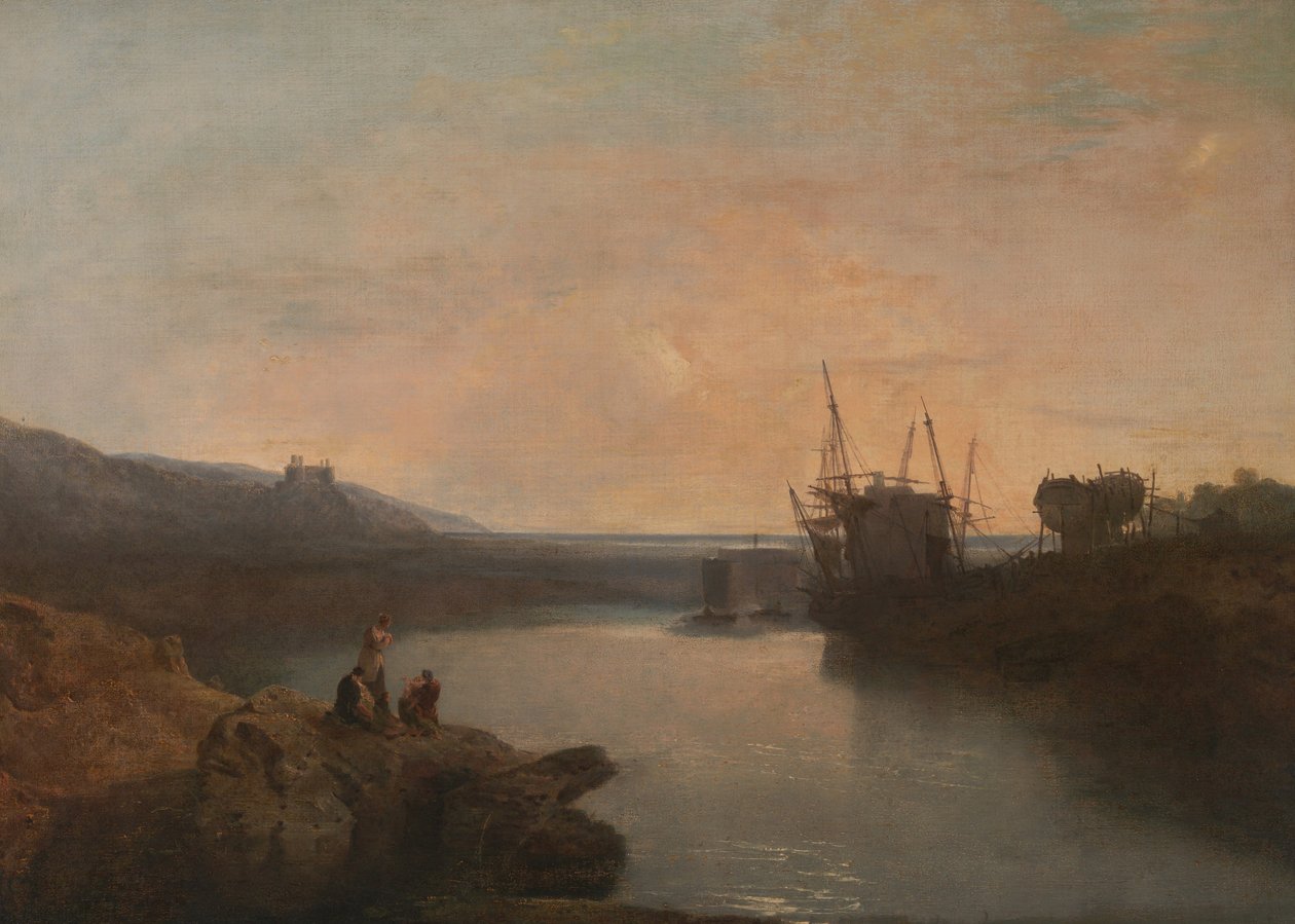 Harlech Castle, från Twgwyn Ferry, sommarens kvällsskymning av Joseph Mallord William Turner