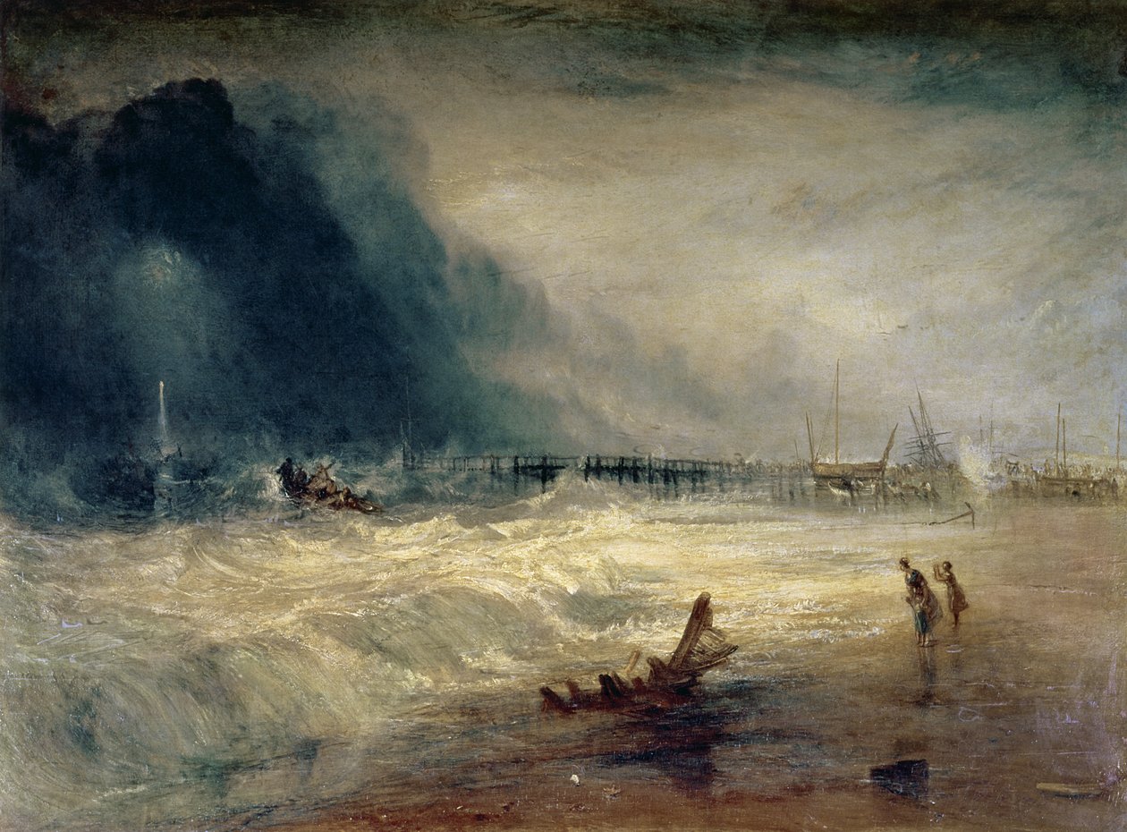 Livbåt och Manby Apparatus går till ett strandat fartyg som ger signal (blåljus) om nöd, ca 1831 av Joseph Mallord William Turner