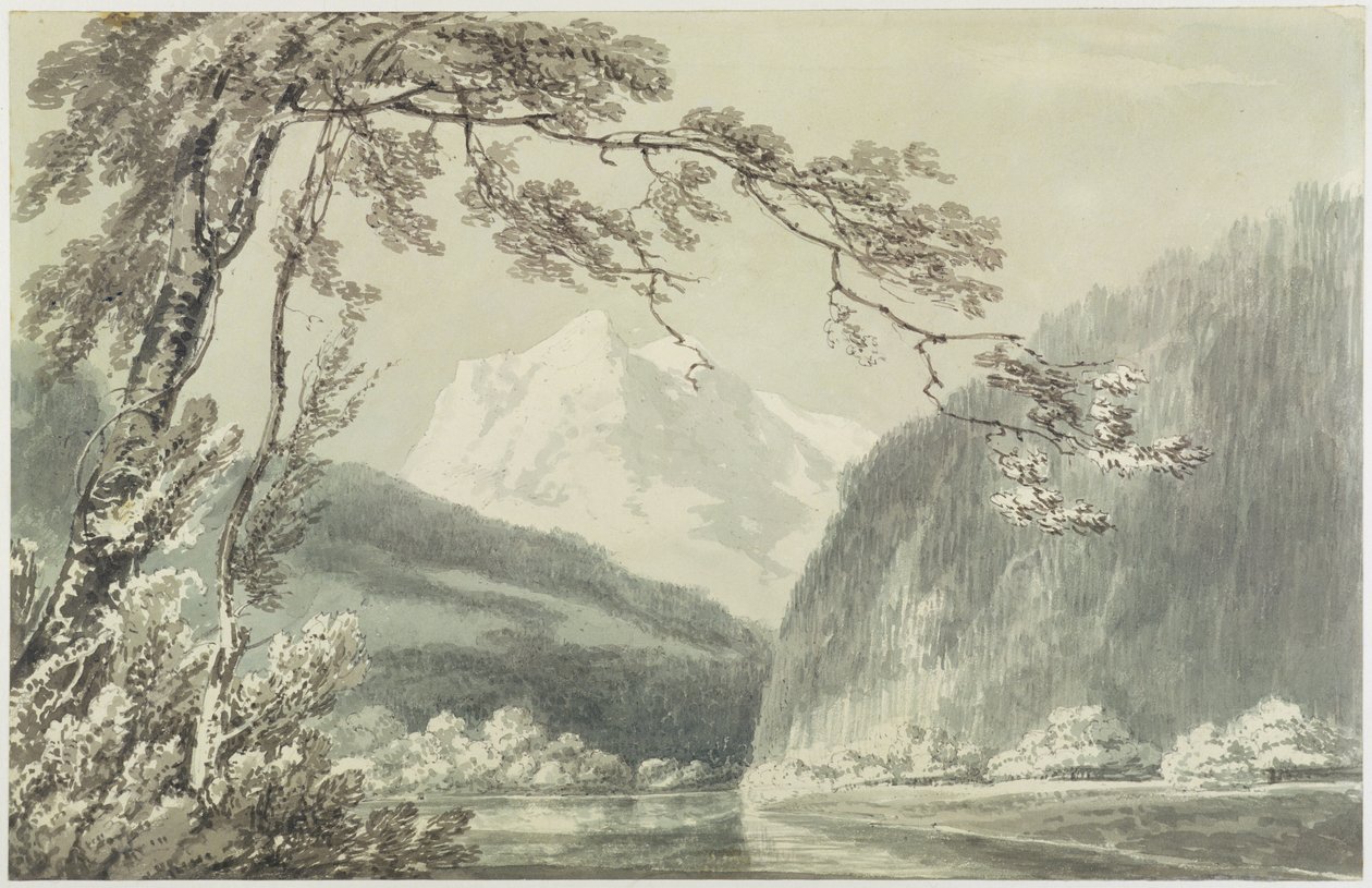 Nära Grindelwald, ca 1796 (blå och grå tvätt över grafit på papper) av Joseph Mallord William Turner