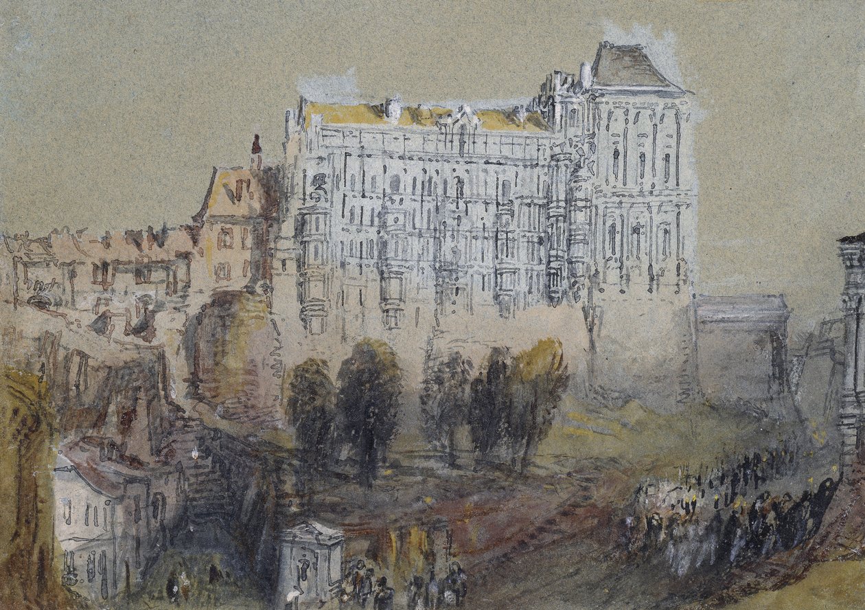 Palace i Blois, ca. 1830 (akvarell över grafit med kroppsfärg och penna och brunt och svart bläck) av Joseph Mallord William Turner