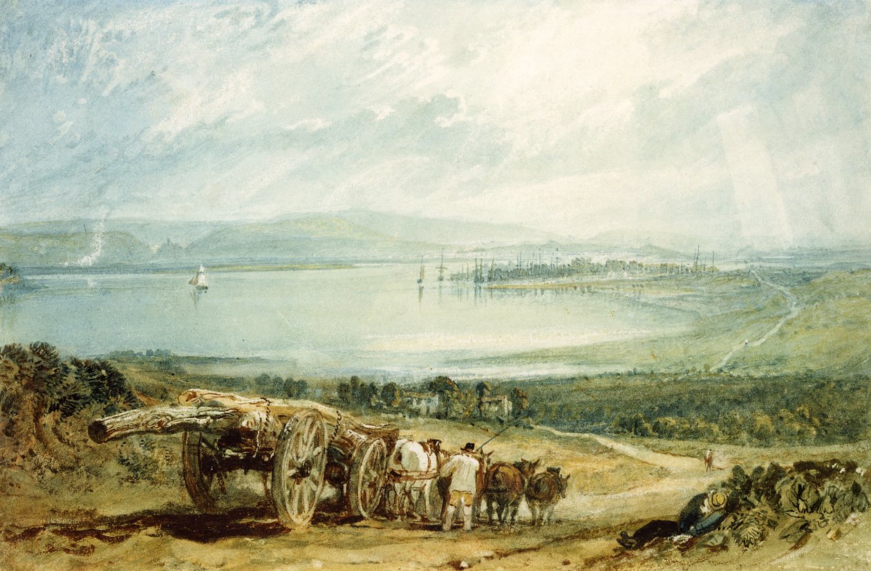 Poole, Dorset med Corfe Castle in the Distance (wc förhöjd med kroppsfärg på papper) av Joseph Mallord William Turner