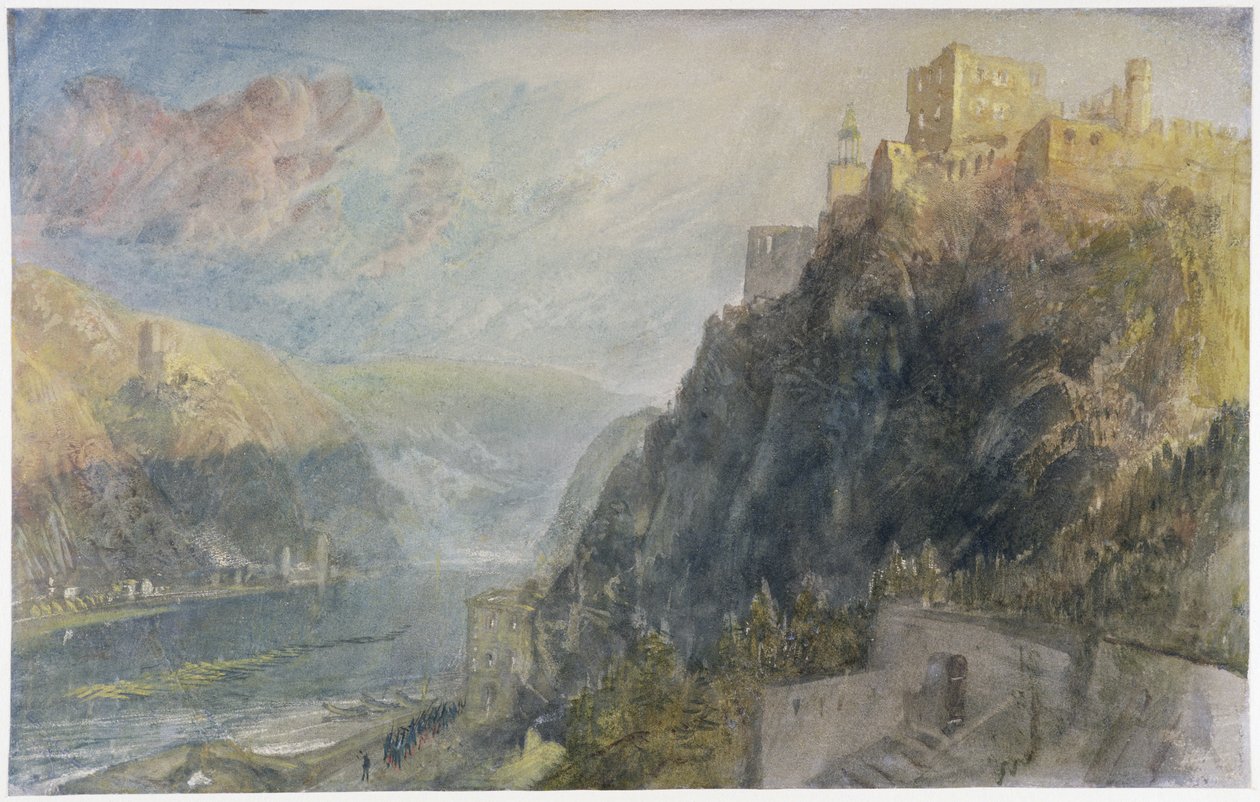 Rheinfels ser till Katz och Gourhausen, 1817 (wc und gouache på papper) av Joseph Mallord William Turner