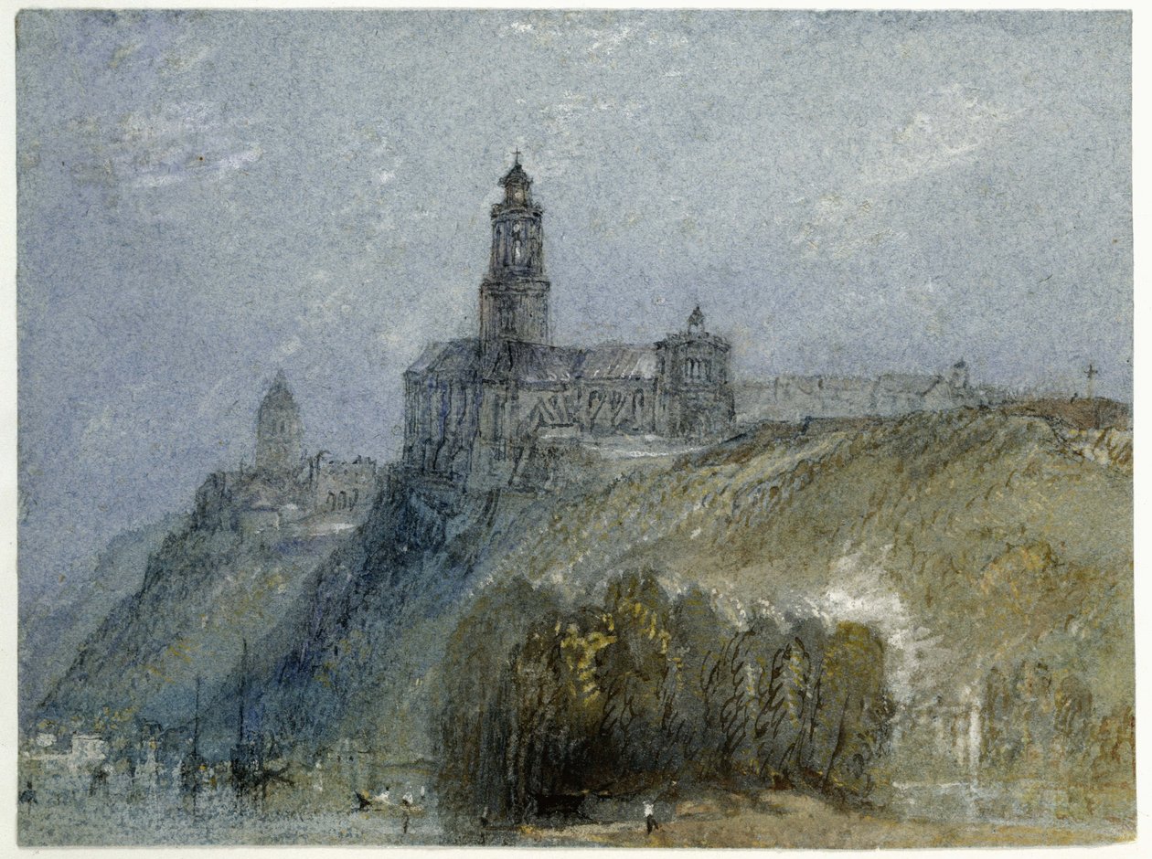 Saint-Florent-le-Vieil, ca 1826-30 (akvarell och bodycolour med penna och svart och brunt bläck på blått papper) av Joseph Mallord William Turner