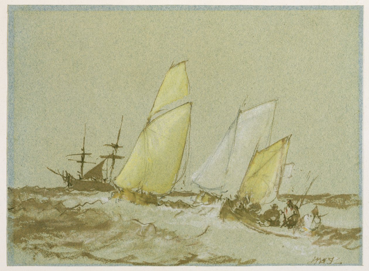 Frakt, ca 1828-30 (penna, pensel och brunt bläck, kroppsfärg och grafit på blått papper) av Joseph Mallord William Turner