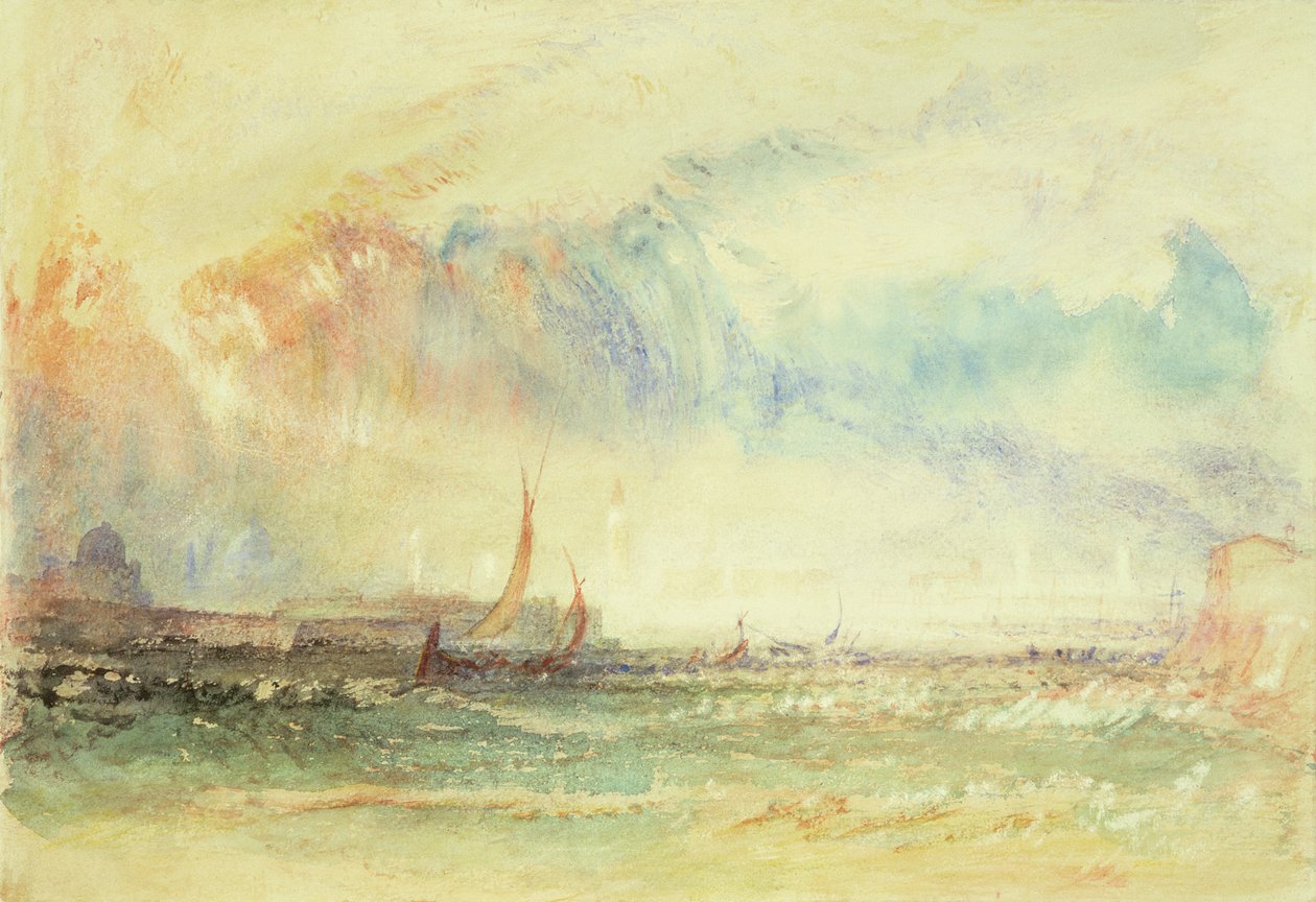 Storm vid solnedgången, Venedig, ca 1840 (wc, gouache och rött bläck) av Joseph Mallord William Turner