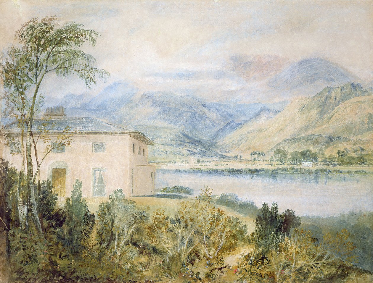 Tent Lodge, av Coniston Water, 1818, (wc och kroppsfärg på grått papper) av Joseph Mallord William Turner