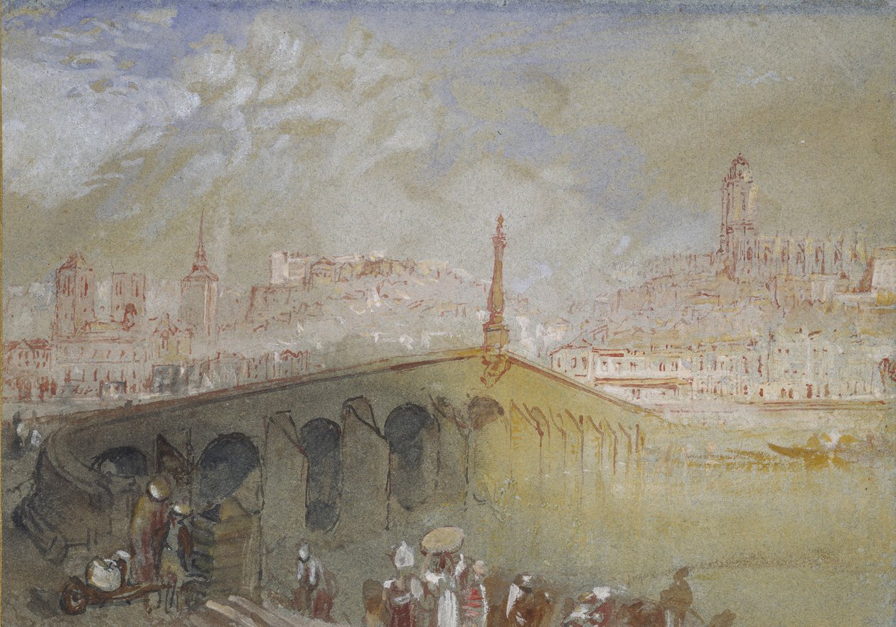 Bron i Blois: Dimman klarnar, 1826 - 1830 (akvarell med bodycolour och penna samt rött och svart bläck) av Joseph Mallord William Turner
