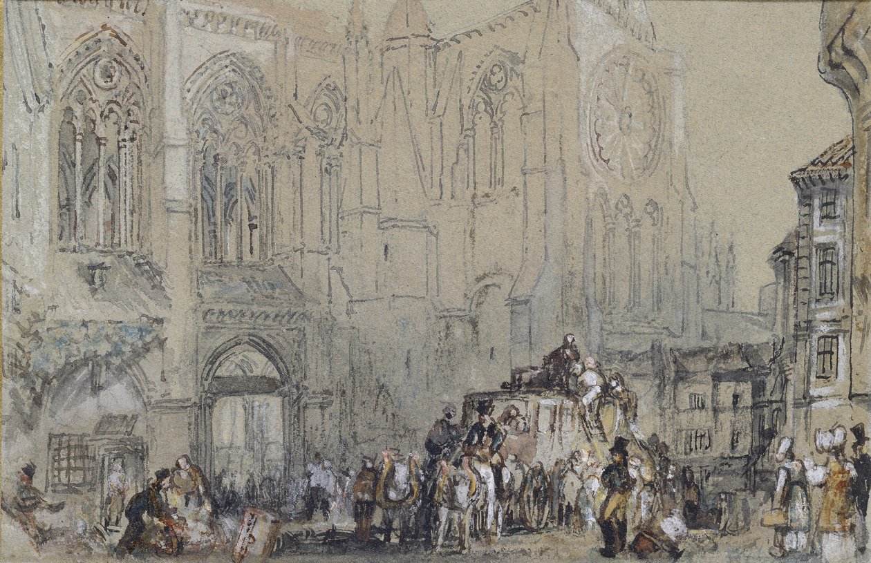 St Julien-kyrkan, Tours, ca 1830 (akvarell över grafit med bodycolour och penna samt brunt och svart bläck) av Joseph Mallord William Turner
