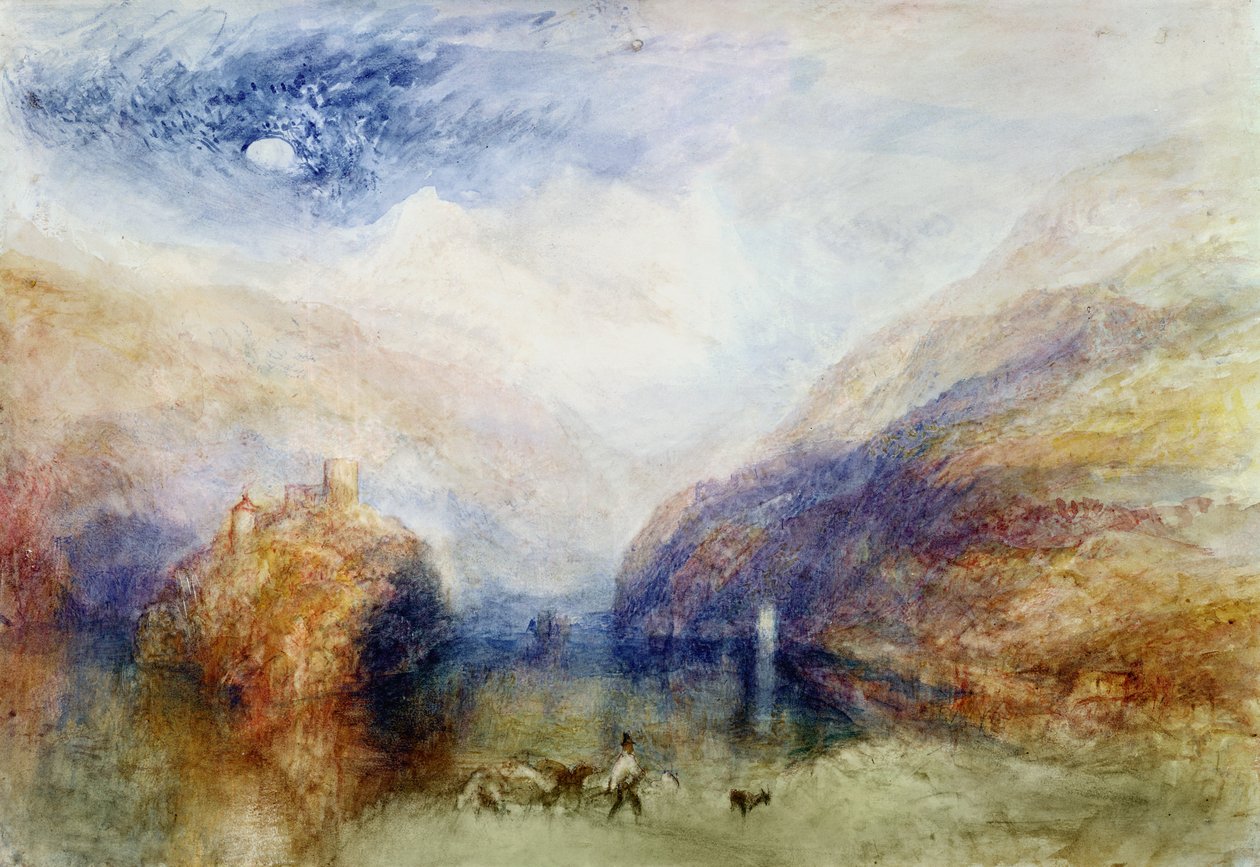 Lauerzersee med Mythens, ca 1848 (wc, penna och bläck samt ritsning på papper) av Joseph Mallord William Turner
