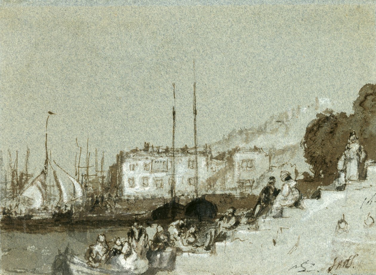 View of a Seaport East Cowes, Isle of Wight, 1828 (bläck, tvätt och vit krita på blått papper) av Joseph Mallord William Turner