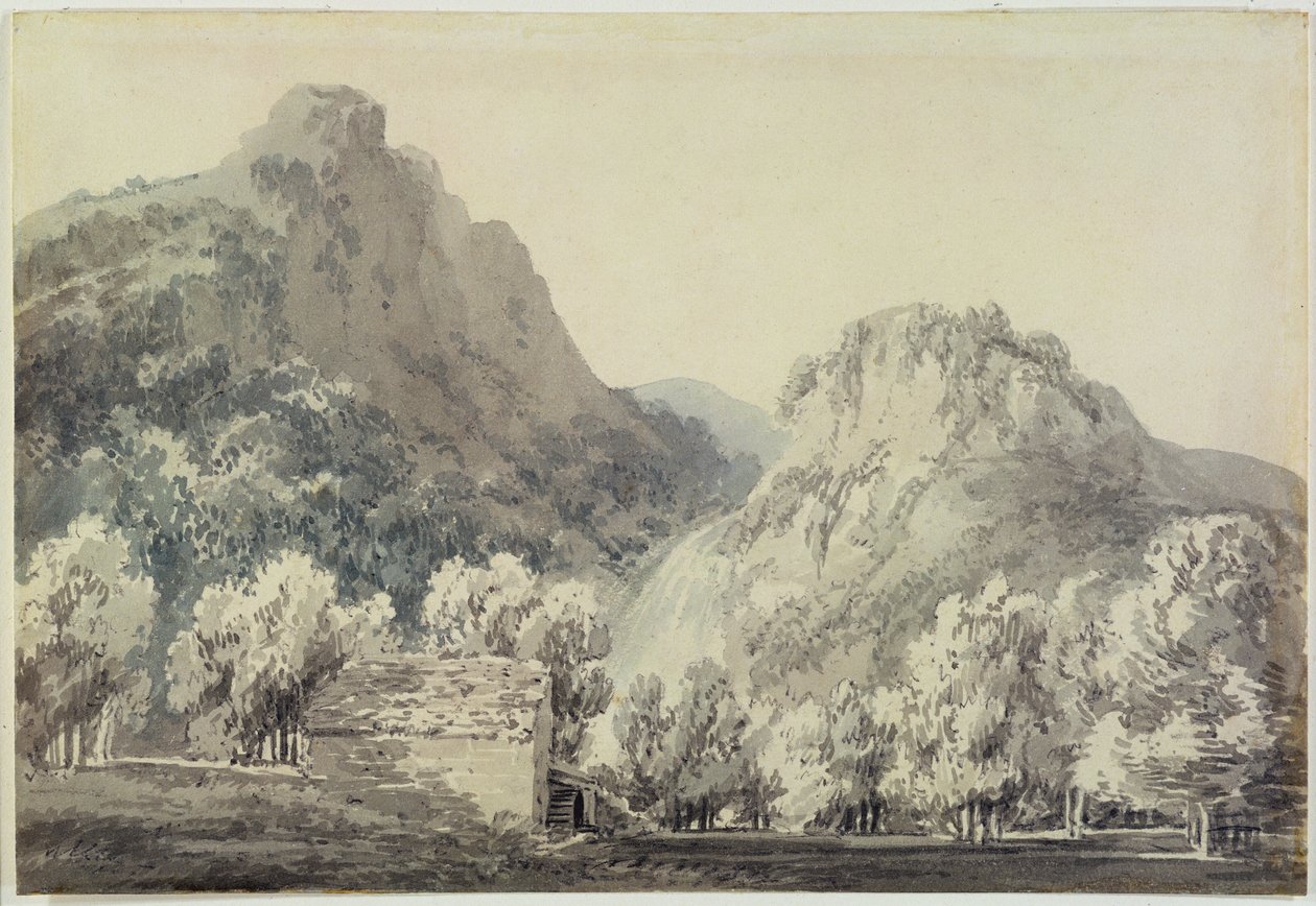 Vattenfall vid Lodore, Cumberland (grå och blå tvätt över grafit på papper) av Joseph Mallord William Turner