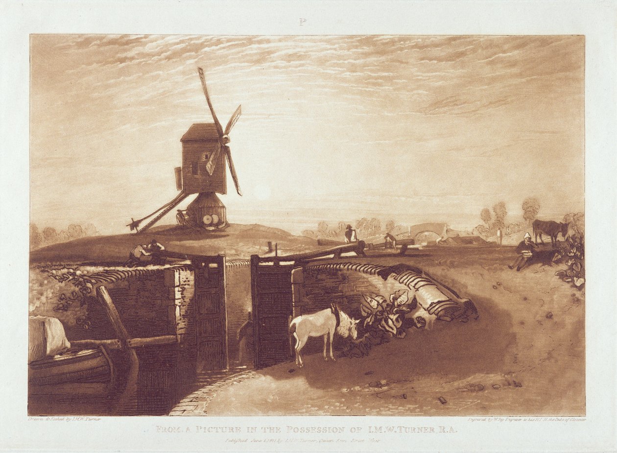 Väderkvarn och lås, graverad av William Say (1768-1834) av Joseph Mallord William Turner