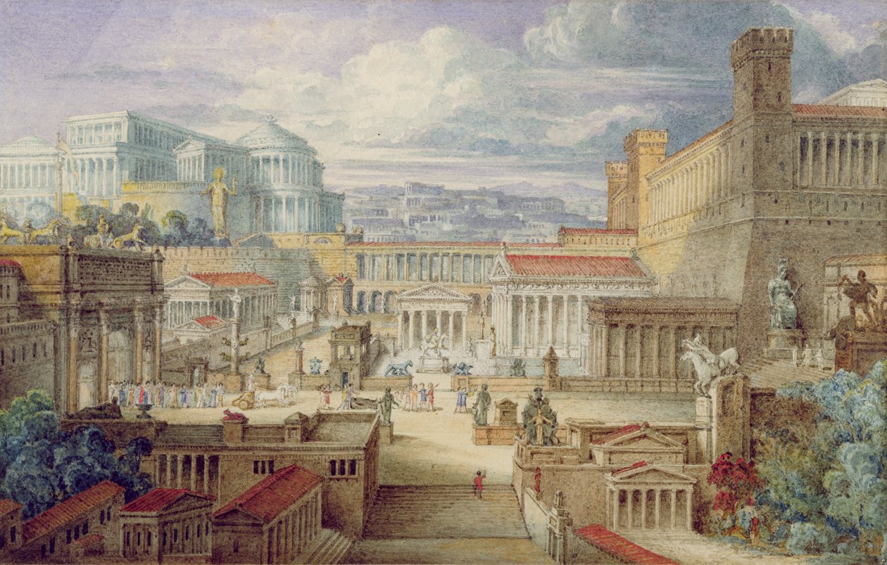 En scen i det antika Rom, en miljö för Titus Andronicus, akt I, scen 3, ca 1830 (wc och gouache med penna och bläck på papper) av Joseph Michael Gandy