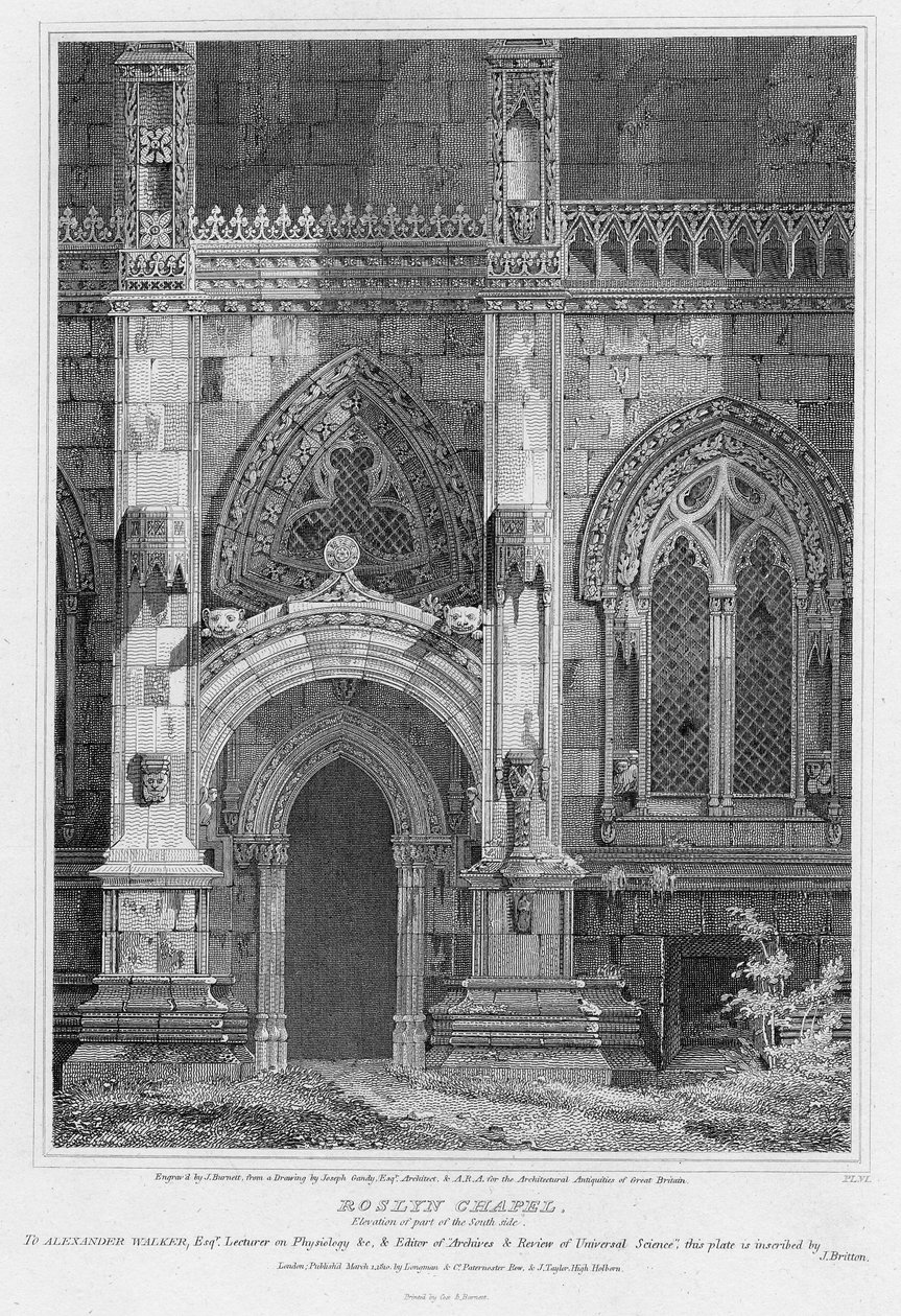 Roslyn Chapel, förhöjning av en del av den södra sidan, graverad av J. Burnett, 1810 av Joseph Michael Gandy