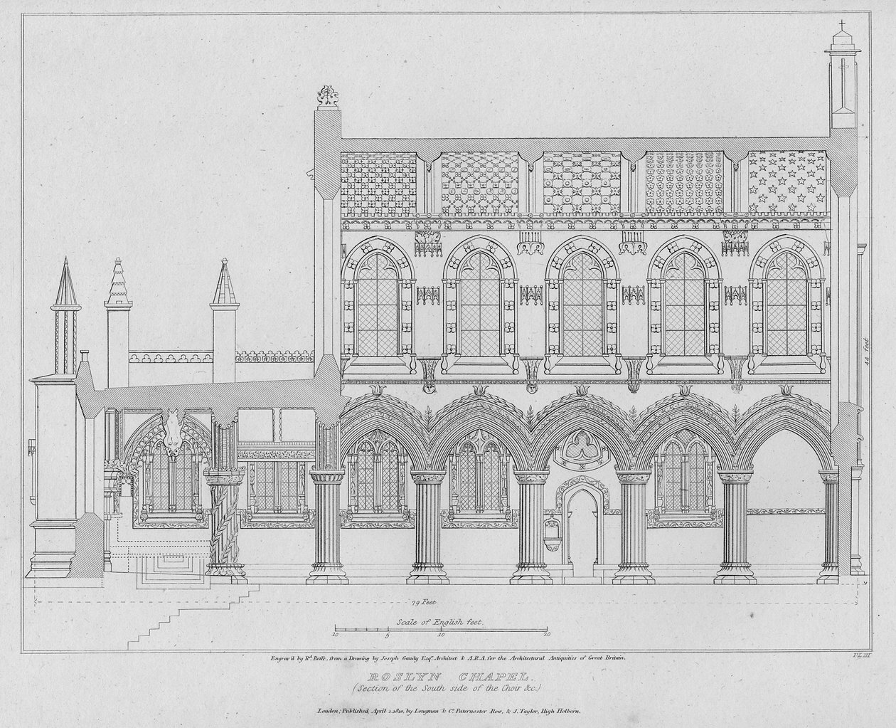 Roslyn Chapel, sektion av södra sidan av koret, graverad av Richard Roffe, 1810 av Joseph Michael Gandy
