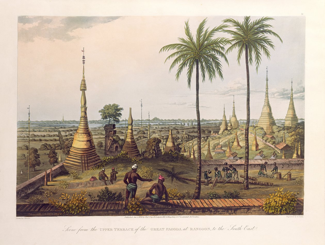 Scen från den övre terrassen på den stora pagoden i Rangoon, till sydöstra delen, graverad av H. Pyall, pub. av Kingsbury und Co., 1826 (färgad akvatint) av Joseph Moore