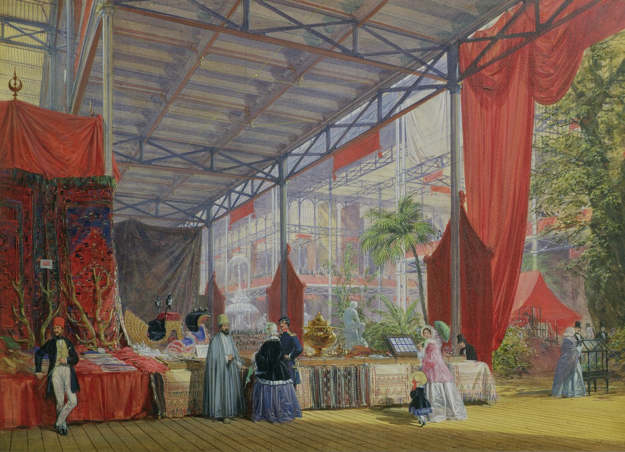 En del av tvärskeppet på den stora utställningen 1851, med bodar med varor från Turkiet, 1851 av Joseph Nash